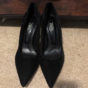 Zara Black Pointed Suede High Heels size 39